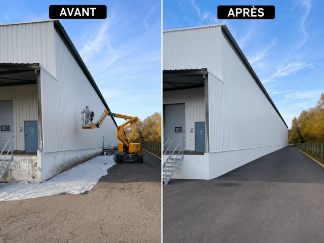 Andine en Bourgogne : façade latérale du bâtiment logistique avant rénovation à gauche et après rénovation à droite
