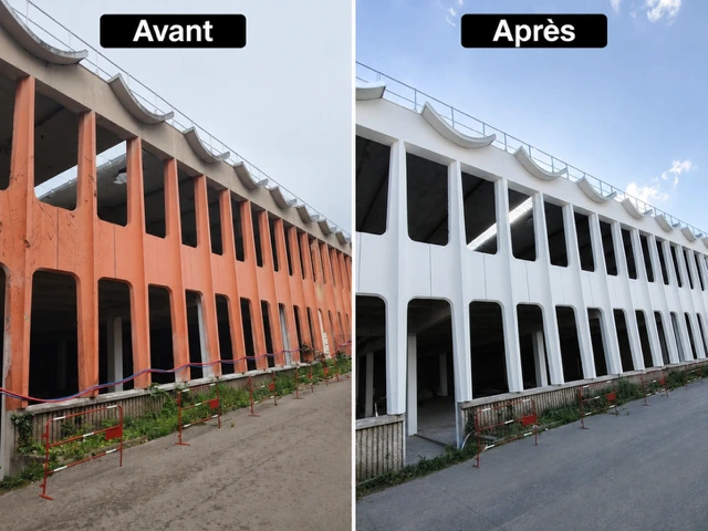Axess Solutions à Cergy-Pontoise : façade orange du parking avant ravalement à gauche et façade blanche après travaux à droite