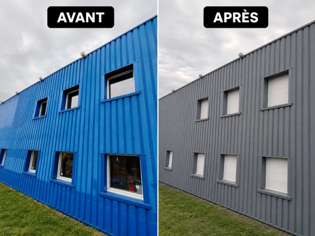 COMINTES à Gonesse : façade en bardage bleu avant intervention et façade grise après, dans un comparatif fourni par le client