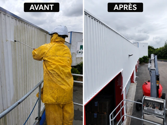 Corpal à Saint-Martin-lez-Tatinghem : façade en bardage métallique avant rénovation avec une intervention de nettoyage visible à gauche, et façade blanche après rénovation à droite