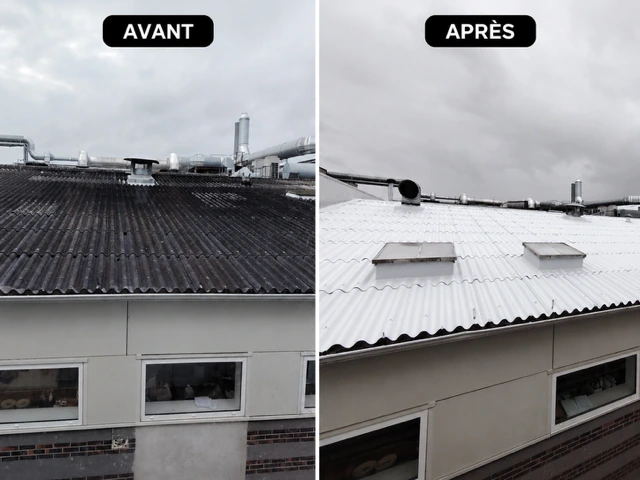 Fiabila à Chartres : toiture ondulée sombre avant rénovation à gauche et toiture à finition blanche après rénovation à droite