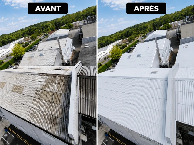 Fiabila dans l’Eure : vue d’ensemble des toitures avant rénovation à gauche et des couvertures à finition claire après rénovation à droite