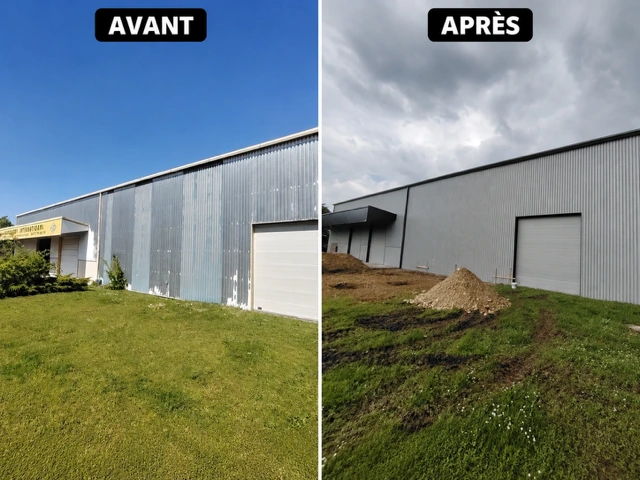 Grospiron International à Saint-Bonnet-de-Mure : bardage métallique à l’aspect dégradé avant rénovation à gauche et façade grise après rénovation à droite