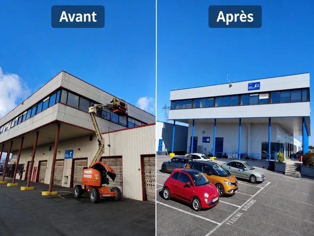 Groupe CAT à Valenton : bâtiment logistique avant rénovation à gauche et façades claires avec éléments bleus après rénovation à droite