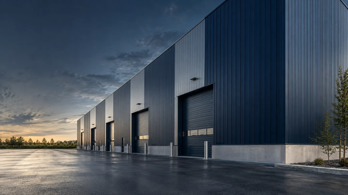 Illustration architecturale : façade industrielle en bardage bleu nuit et acier