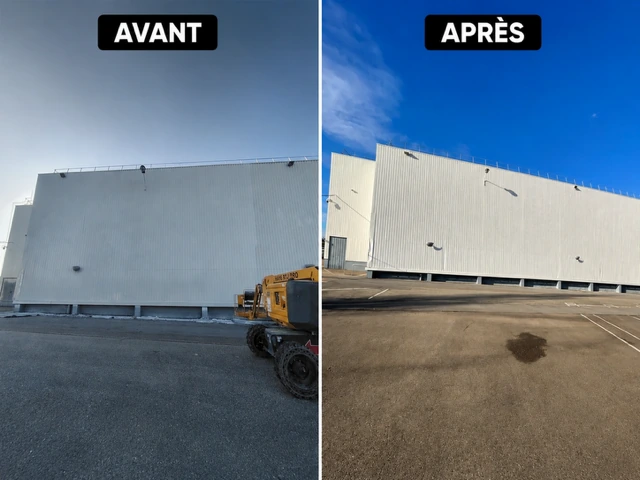 Intermarché à Rochefort-sur-Nenon : façade de la base logistique en bardage métallique avant rénovation à gauche et après rénovation à droite