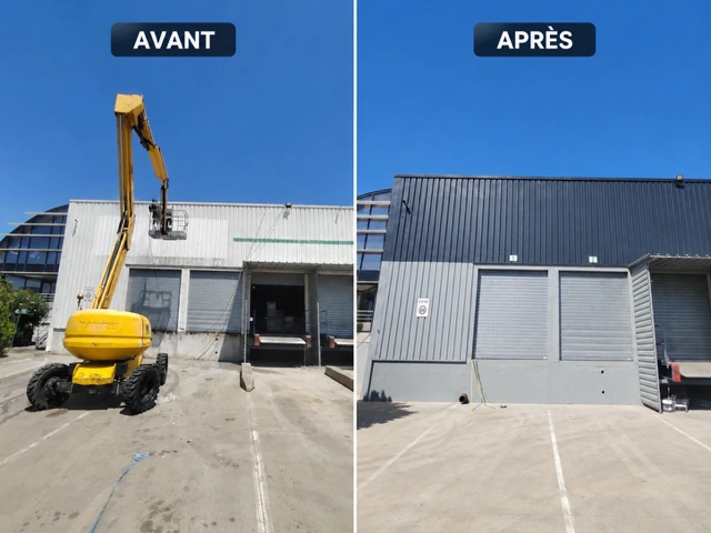 Kuehne Nagel à Marseille : façade claire du bâtiment logistique avant rénovation à gauche et bardage gris foncé en partie haute après rénovation à droite