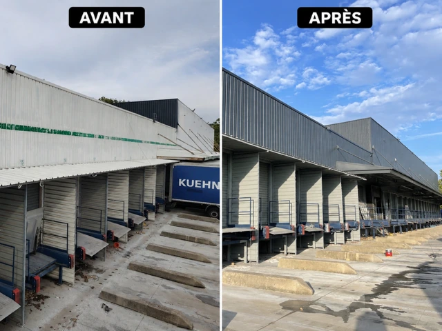 Kuehne Nagel en Provence : bardage clair au-dessus des quais avant rénovation à gauche et bardage gris foncé après rénovation à droite