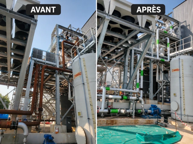 Paprec à Paillé : tuyauteries et charpente métallique avant peinture à gauche et après peinture à droite