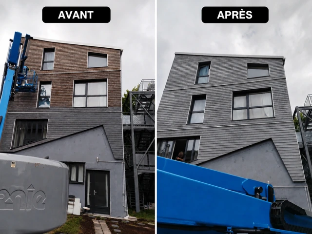 SCI Clémentaine à Montreuil : façade en bardage bois avant rénovation à gauche et après rénovation à droite