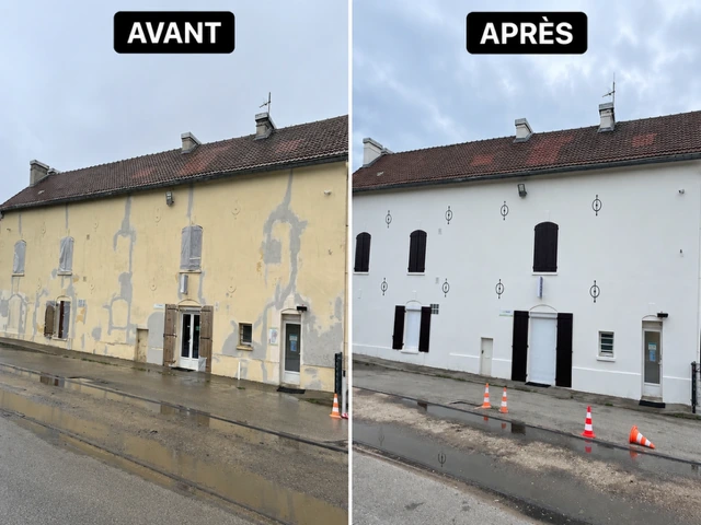 Suez à Ermenonville : façade jaune avec reprises visibles avant ravalement à gauche et façade blanche après travaux à droite