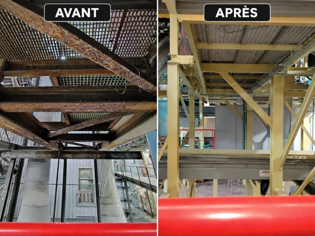 Suez à Isigny-le-Buat : charpente métallique présentant de la corrosion avant traitement à gauche et éléments à finition jaune après intervention à droite