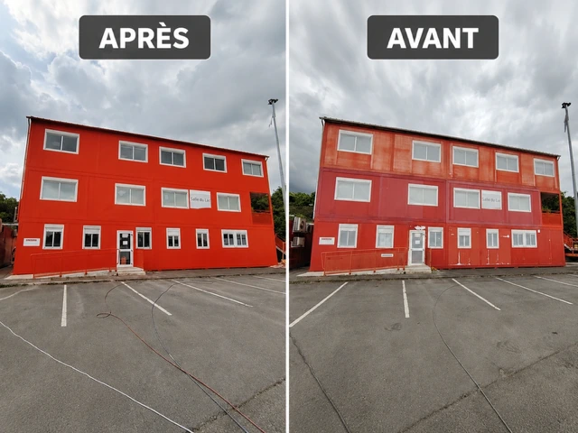 Veolia à Claye-Souilly : bâtiment modulaire après rénovation à gauche, avec une façade rouge uniforme, et avant rénovation à droite