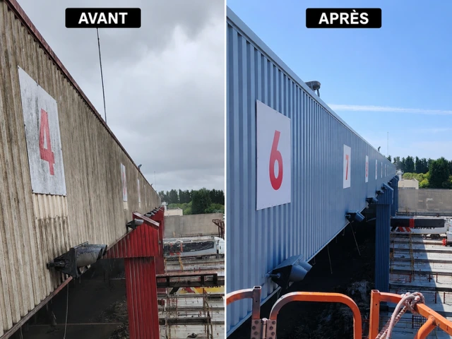 Veolia en Seine-et-Marne : bardage du quai de déchargement avant rénovation à gauche et façade bleue après rénovation à droite